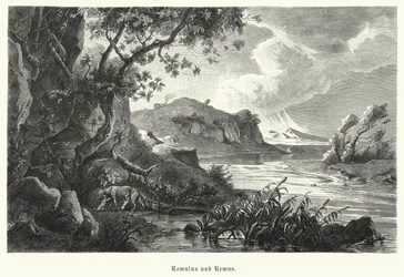 Romulus et Remus, fondateurs légendaires de Rome antique, allaités par la louve dans la nature
