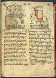 Sloane 361, f.27 Le roi Codrus se sacrifie pour son peuple, et Éléazar Maccabée poignardant l