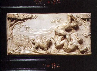 Kunstcabinet sud-allemand, détail de plaque sculptée représentant Caïn et Abel, 1690
