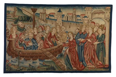 Panneau de tapisserie représentant la Rencontre de Sainte Ursule et du Prince Artherius à Mayence, de la Moyenne-Rhénanie, fin du 15e siècle