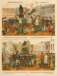 Les recrues alsaciennes à Strasbourg (Kleberplatz) en 1869 et à Berlin (Unter den Linden) en 1872, de Elsaesser Bilderbogen, publié par A. Schneider, Strasbourg, 1873