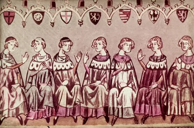 Les sept princes électeurs élisant Henri VII, Saint Empereur romain, illustration de la Chronique d