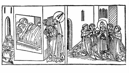 La vie de Saint Nicolas éveillé. Gravure du « Leben der Heiligen - sommerteil » (Le livre des saints) par Jacobus (James) de Voragine (1228-1298). Lübeck 1488.