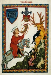 Les plaisirs de la chasse : Le roi Radin de Hohenstaufen, roi de Sicile et de Jérusalem sous le nom de Conrad II, duc de Souabe sous le nom de Conrad III et roi des Romains sous le nom de Conrad V (1252-1268) chasse le cerf. Enluminure