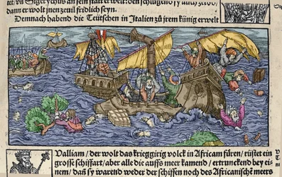 Le naufrage. Gravure de « Den Edlen Strenghen Besten Fromen » par Johann Stumpff. Début du XVIe siècle.