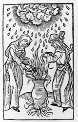 Deux sorcières préparant une potion, invoquant une tempête de grêle - grav. de « de lanijs et phitonicis mulieribus », Cologne