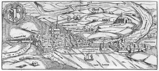 Vue de Genève, de Cosmographie Universelle par Sébastien Munster (1488-1552) Bâle, publié en 1559
