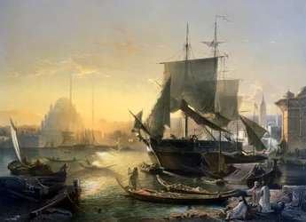 Vue des navires sur le Bosphore au coucher du soleil