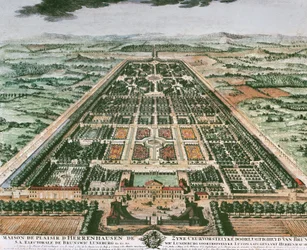 Vue du jardin du château de Herrenhausen, vers 1708, impression en couleur, Allemagne