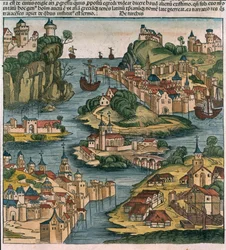 Vue du Bosphore en entrant depuis la mer Noire, tirée de la Chronique de Nuremberg de Hartmann Schedel (1440-1514), 1493