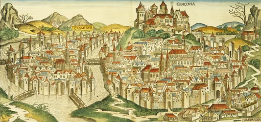 Vue de la ville de Cracovie, tirée de la Chronique de Nuremberg par Hartmann Schedel, 1493