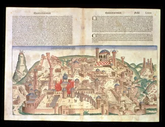Vue de la ville de Jérusalem, tirée de la Chronique de Nuremberg par Hartmann Schedel, 1493