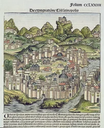 Vue de la ville fortifiée de Constantinople, tirée de la Chronique de Nuremberg par Hartmann Schedel, 1493