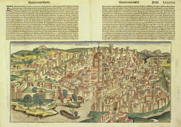 Vue de la ville fortifiée de Florence, tirée de la Chronique de Nuremberg par Hartmann Schedel, 1493