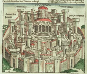 Vue de la ville fortifiée de Jérusalem montrant le Temple de Salomon et les portes de la ville, tiré de la Chronique de Nuremberg par Hartmann Schedel, 1493