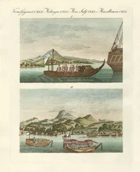 Vues de la côte du Japon à côté de véhicules japonais (gravure en couleur)