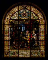 William Caxton montrant son premier livre imprimé à Édouard IV et à sa femme, Elizabeth Woodville en 1477, par Mayer et Co., firme de Munich active à Londres, vers 1880