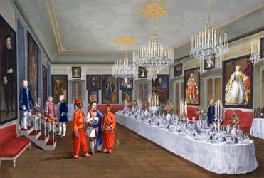 Salle à manger avec une série de portraits des empereurs des Habsbourg, Villa Lazarovich, résidence de Trieste de Maximilien de Habsbourg