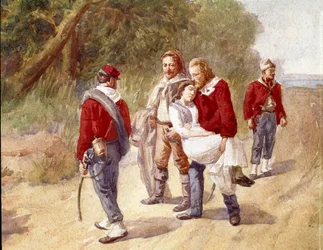 Le patriote italien Giuseppe Garibaldi transporte sa femme Anita souffrant de typhoïde à Ravenne en 1849 (Aquarelle)