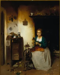 Jeune femme filant de la laine, son expression est triste et son intérieur misérable
