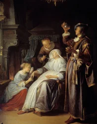 La femme hydropique. Un médecin examine l’urine d’une femme atteinte d’hydropisie. Détail.