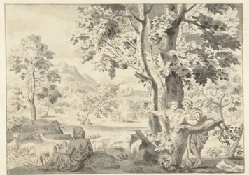 Paysage boisé avec un berger, un homme et une femme