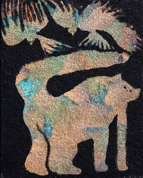 Chat avec oiseaux, 2014 (sable et acrylique sur toile)