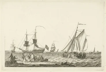 Vue de rivière (divers bateaux sur les vagues)