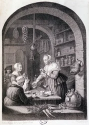 Épicier de village pesant avec une balance. sd. XVIIIe siècle