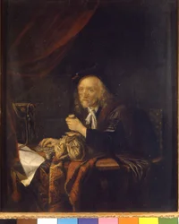Un homme méfiant compte son argent en tenant une bourse à la main. Peinture de Gerard Dou (ou Gerrit Dow) (1613-1675) XVIIe siècle Milan Museo del castello