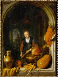 Jeune femme préparant un repas (huile sur toile)