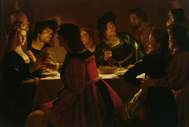 Scène de festin avec un jeune couple marié