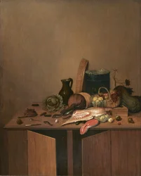 Nature morte de cuisine avec viande, poisson et légumes