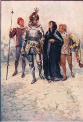 Le prince Arthur conduit Belge et ses fils dans le château, Histoires de la Reine des Fées publiées par George Harrap and Company