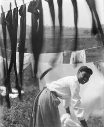 Une jeune femme afro-américaine étendant du linge à sécher à Newport, Rhode Island, c.1902 (photo n/b)