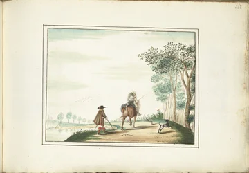 Homme et dame à cheval et un piéton dans un paysage