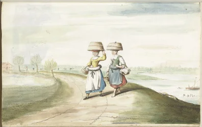 Deux paysannes marchant dans un paysage