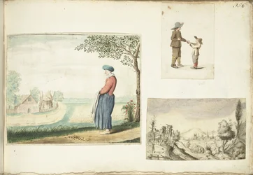 Paysanne, garçons avec des pommes et un paysage vallonné