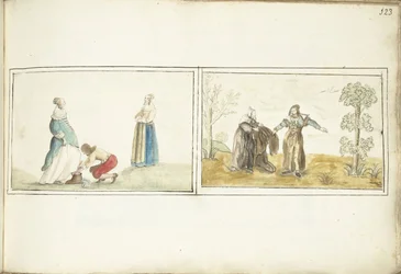 Homme attachant une chaussure et ermite donnant un manteau