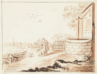 Homme et dame se saluant devant une maison de campagne