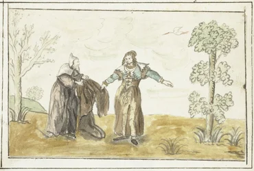 Ermite donnant son manteau à une dame