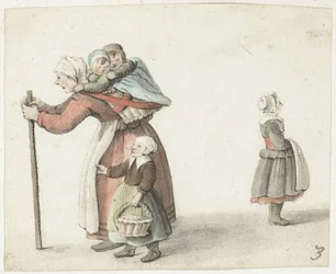 Femme avec deux enfants dans un panier