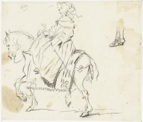 Femme à cheval, vue de côté, avec croquis d