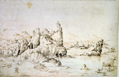 Un château sur un rocher dans un paysage montagneux, 1540