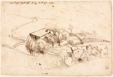 Ferme avec des arbres dans un paysage vallonné (recto)