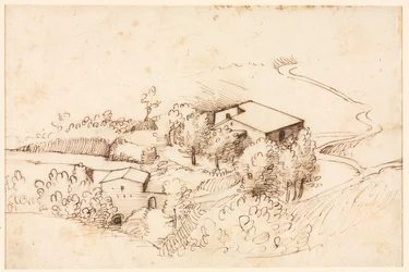 Ferme avec des arbres dans un paysage vallonné (verso)