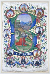 Le roi David en prière dans une très grande initiale "B", entouré de dix grands médaillons contenant chacun le portrait d