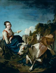 Une fille avec une vache et des moutons dans un paysage rocheux, vers 1700