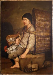 Garçon de courses assis avec un panier sur le dos, œufs et volaille, c.1735