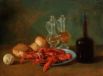 Nature morte avec assiette en étain, crevettes, un citron, burettes en verre, pain et une bouteille de vin
